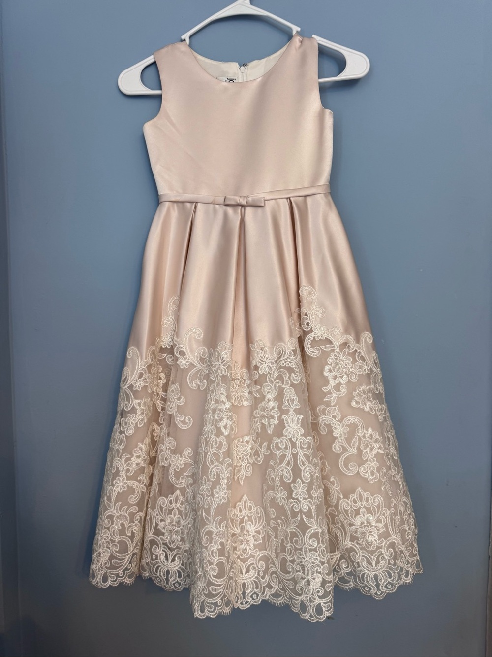 Joan Calabrese Blush Pink Satin & Embroidered Lace Flower Girl Gown